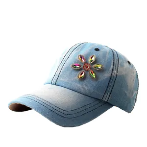 Light blue washed denim baseball cap with sparkling crystal flower embroidery for women