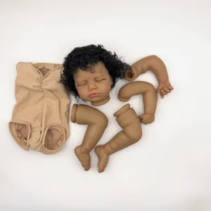 Detailed 18-inch reborn doll kit parts with dark skin tone and curly black hair on white background