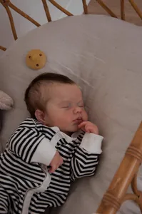 Detail of 19 inch Loulou reborn doll sleeping in a stripe romper inside a cradle