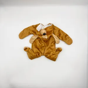 Detail of plush brown dog-style jumpsuit for 16-18 inch dolls with cute puppy ears