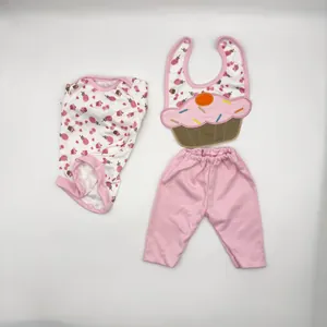 Tenue de poupée rose cupcake 3 pièces avec body, pantalon et bavoir pour poupées 20-22 pouces