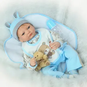 Muñeca Reborn Realista de Silicona Suave Cuerpo de Algodón Atuendo Azul Realista Con Oso de Peluche Biberón Chupete Para Niños Regalo