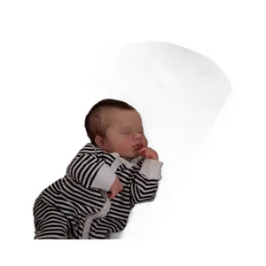 Realistic 19-inch sleeping reborn baby doll wearing a black and white striped onesie