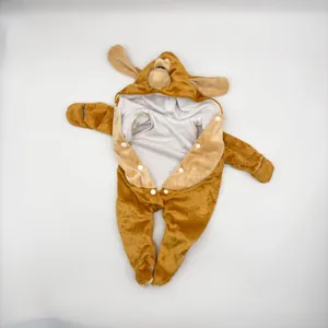 Brown plush animal onesie with ears for 16-18 inch baby dolls on white background