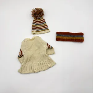 Three-piece handmade knitted baby doll outfit with striped hat and scarf for 16-18 inch dolls