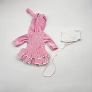 Puppenkleidung aus rosa Samt mit Hasenohren und weißer Spitze für 40-45 cm große Puppen