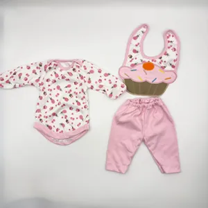 Vêtements de Poupée Reborn Rose Motif Cupcake Sucette Tenues pour Poupées Simulées Accessoires Barboteuse Et Pantalon Et Bavoir