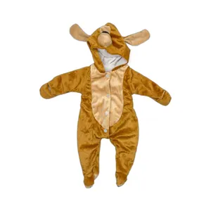 Brown plush hooded baby doll romper with cute animal ears and snap closure