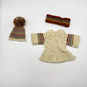 Three-piece knitted doll clothing set with striped sweater hat and headband for 16-18 inch dolls