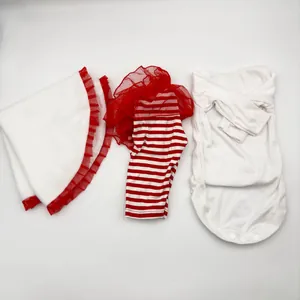 Three-piece baby doll outfit with red striped bodysuit and white long sleeve romper