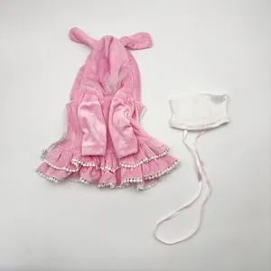 Puppenkleidung aus rosa Samt mit Hasenohren und Spitze für 16-18 Zoll Puppen