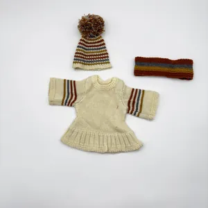 Handmade Knit Doll Clothes Striped Sweater Pompom Hat Headband For Reborn Baby Dolls Dress Up Toys Accessories