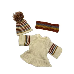 Three-piece knitted doll outfit set with sweater, pompom hat and striped headband