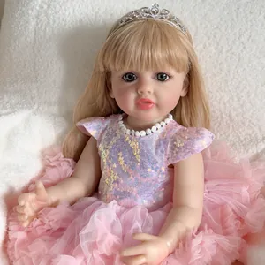 55cm lifelike reborn Betty doll in pink sequin dress with silver crown on white fur