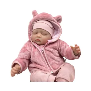 55cm realistic reborn baby doll wearing a pink plush bear hoodie and matching trousers