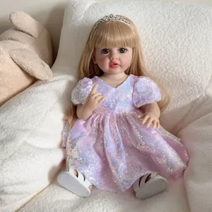 Poupée Bébé Reborn Réaliste en Silicone Jouet Vinyle Avec Cheveux Blonds Robe Princesse Paillettes Couronne Cadeau Enfants