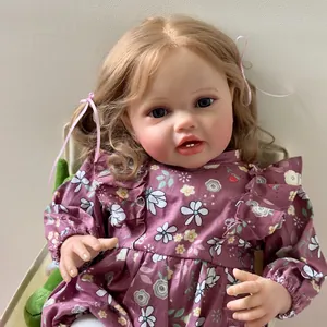 60cm realistic reborn baby girl doll with curly hair and purple floral dress