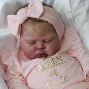 Realistic Reborn Baby Doll Soft Silicone Limbs Cloth Body Hand Painted Lifelike Sleeping Infant Toy Pink Outfit Headband