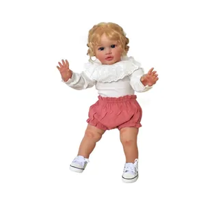 Realistic 26-inch reborn baby doll Pippa with blonde curly hair and blue eyes on white background