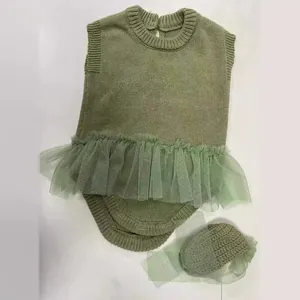 Knitted green baby romper set with mesh tutu skirt and matching hat for 55cm reborn dolls