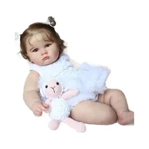 Poupée Charlotte reborn réaliste de 60cm en robe de dentelle blanche avec agneau en peluche