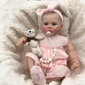 Realistic Reborn Baby Doll Pink Polka Dot Dress Lace Bow Headband Pacifier Crochet Bear Toy Soft Silicone Vinyl Handmade Doll Gift For Kids