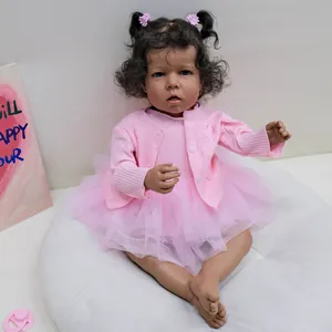 Lifelike African Black Baby Girl Reborn Doll Pink Knit Cardigan Tutu Skirt Set Soft Silicone Cotton Body Doll For Children