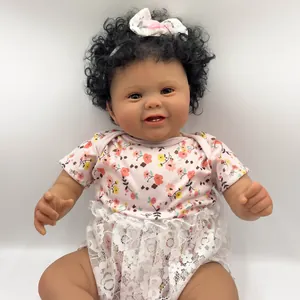 Handmade Realistic Reborn Baby Doll Deep Skin Tone Visible Veins Soft Silicone Limbs Cotton Body Pink Floral Dress Outfit