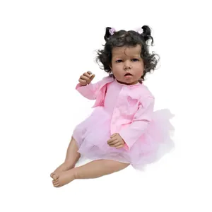 Lifelike 50cm Liam African reborn girl doll in pink tutu dress with curly pigtails