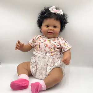 60cm realistic dark skin reborn baby doll with black curly hair and floral outfit