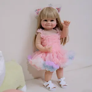 Full view of realistic 55cm Raya reborn doll in pink tutu dress and cat ear headband
