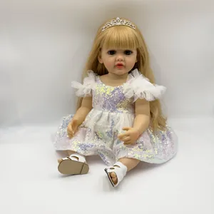 Detail of 55cm realistic reborn doll with blonde hair in a white sequin mesh dress