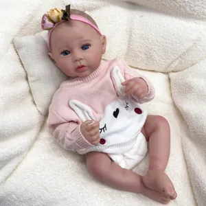 Poupée Reborn Réaliste en Silicone Corps Complet Nouveau-né Fille Avec Pull Rose Lapin Bandeau Floral Jouet Cadeau Pour Enfants