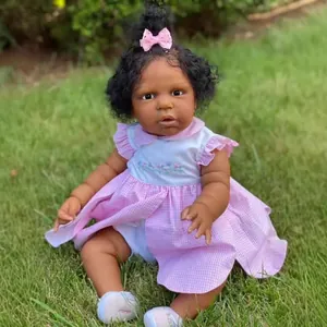Muñeca Reborn Realista de Silicona Suave Afroamericana Parece Real Con Vestido de Cuadros Rosa Accesorios Regalo para Niños