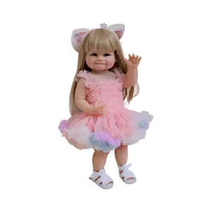 Lifelike 55cm Reborn baby doll Raya with blonde hair in a pink lace layered dress