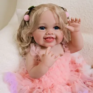 Realistische Reborn Baby Puppe Vollsilikon Vinyl Körper Blonde Lockige Haare Blaue Augen Rosa Gestuftes Spitzenkleid Spielzeug