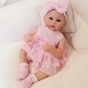 Realistic Reborn Baby Doll Full Silicone Body Washable Handmade Painted Pink Floral Lace Dress Toy For Kids Girls Gift