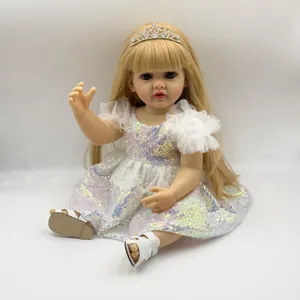 Lifelike Reborn Baby Doll With Sequin Mesh Dress Blonde Hair Crown Simulation Soft Silicone Body Toy For Kids Girls Gift