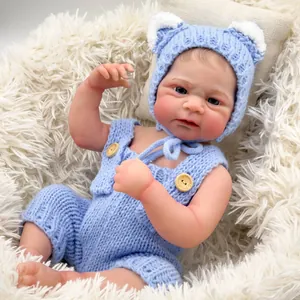 Realistic Reborn Baby Doll 49cm Silicone Vinyl Full Body Newborn Boy With Blue Knit Outfit Hat Romper Handmade Toy Gift