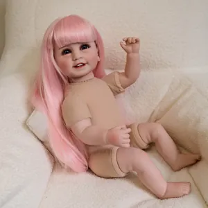 Realistic reborn doll with long pink hair and blue eyes sitting on a white fuzzy chair