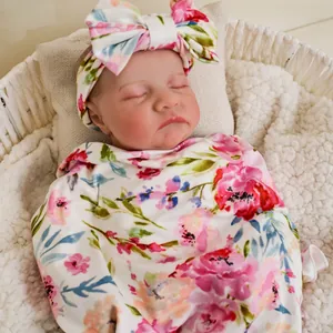 49cm reborn baby Levi doll with 3D skin veins sleeping in a floral swaddle and basket