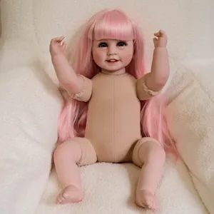 Realistic reborn baby doll with long pink hair and blue eyes on a soft white background
