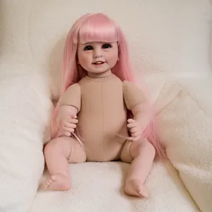 Realistic Reborn Baby Doll Soft Silicone Pink Long Hair Blue Eyes Nude Doll For Kids Gift Simulated Infant Toy