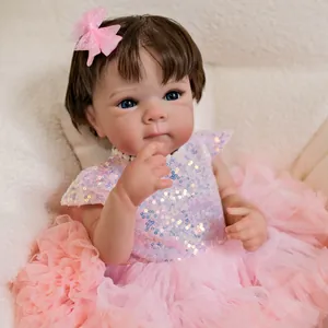 Poupée Reborn Réaliste de 18 Pouces Silicone Corps Complet Nouveau-Né Fille Peint à la Main Cheveux Implantés Robe Rose à Paillettes