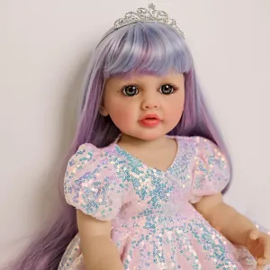 Bambola Reborn realistica da 55 cm con lunghi capelli viola e abito tutù rosa con paillettes