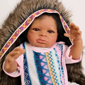 50cm lifelike black skin Indian doll Lanny with curly hair and plush hooded ethnic vest