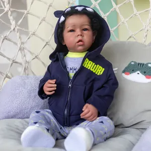 Realistic Reborn Baby Doll With Dark Skin Curly Hair Blue Dinosaur Hoodie Top And Pants Soft Silicone Cloth Body Simulation Doll
