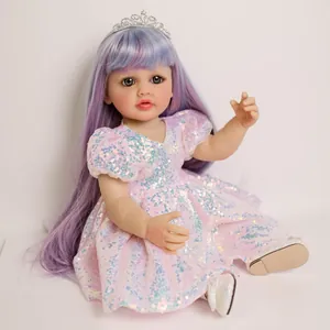 Bambola Reborn realistica da 55cm con capelli sfumati viola e abito da principessa rosa glitter