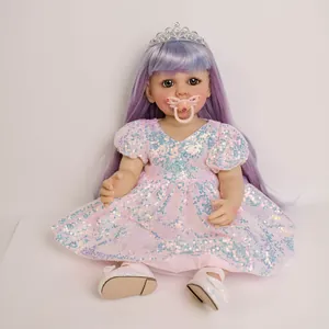 Simpatico Bambolotto Reborn In Silicone Vinile Corpo Viola Capelli Lunghi Rosa Paillettes Abito Da Principessa Con Corona Regalo
