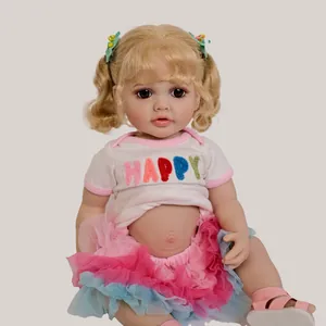 55cm lifelike reborn doll with blonde pigtails, happy shirt, and colorful tutu skirt